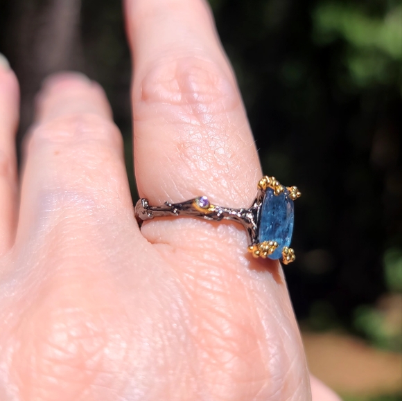 Kyanite & Amethyst elongated cushion cut STUNNING wreath sterling &gold ring sz9 - Picture 6 of 10